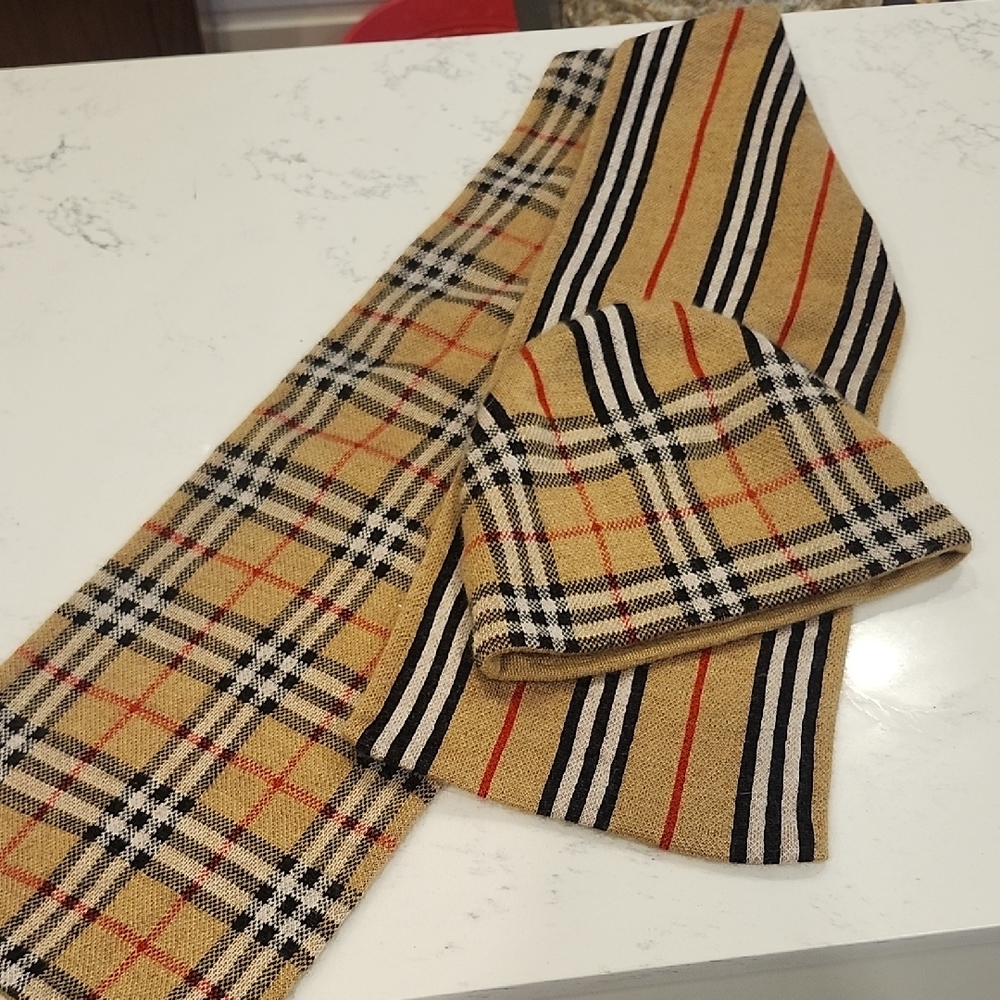 Burberry Beige and Black Checkered Scarf and Beanie Set